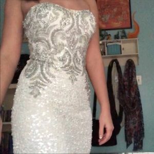 White body con strapless silver prom dress formal
